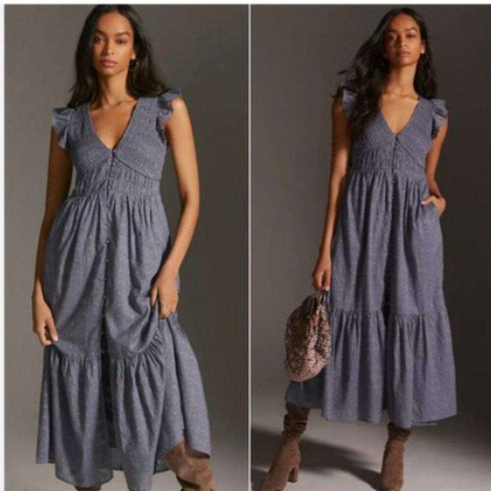 ANTHROPOLOGIE Peregrine Cotton Midi dress Blue Gray L 12 14